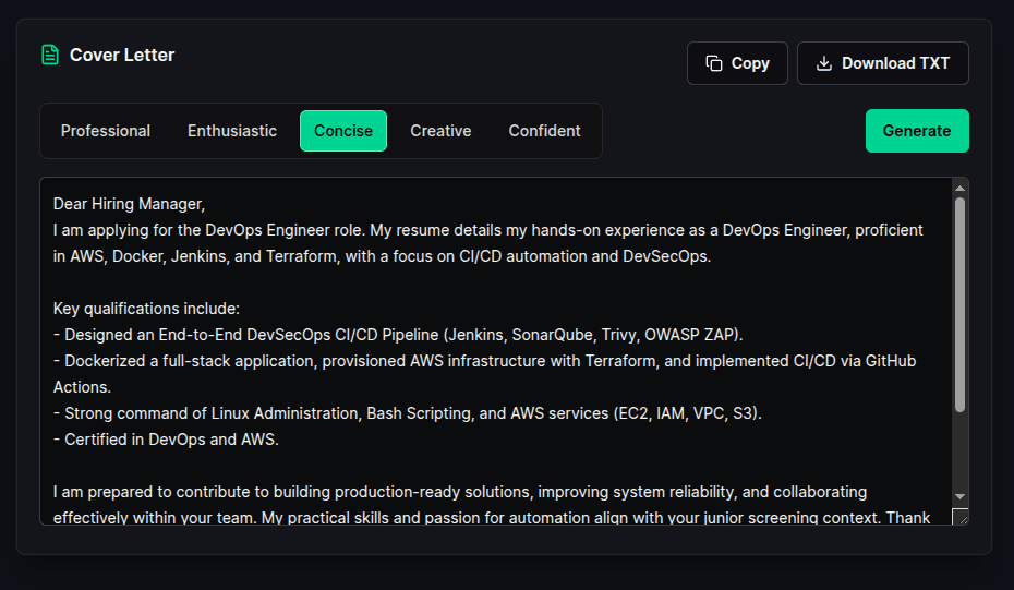 Cover Letter screenshot